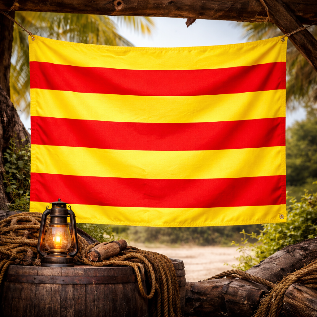 Drapeau pirate de Richard Sawkins à rayures rouges et jaunes