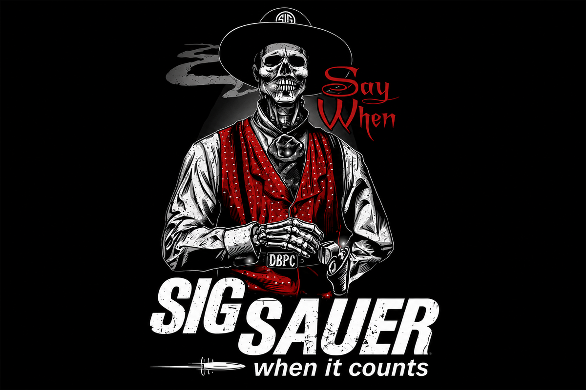 Black SIG Sauer Say When flag featuring a skeleton cowboy in a red waistcoat